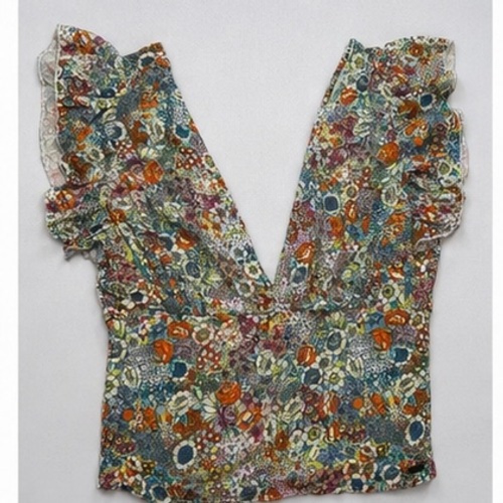 O'Neill Womens Floral Ruffle Sleeve V Neck Top Blouse Multicolor Size M RN 85773